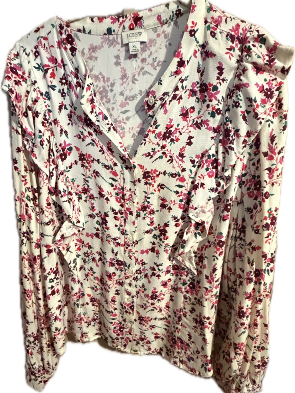 J. Crew Cream Floral Ruffle V-Neck Blouse with Pink and Red Blooms
